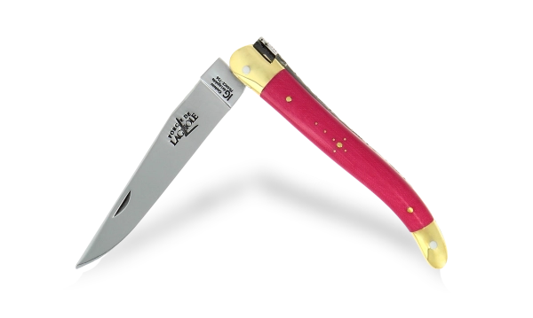 Couteau pliant 11 cm en tissu compressé rose, mitres laiton