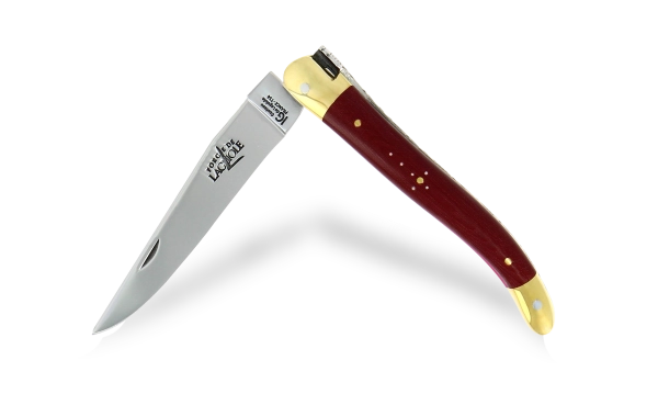 Couteau de Laguiole 11 cm en tissu compressé bordeaux, mitres laiton