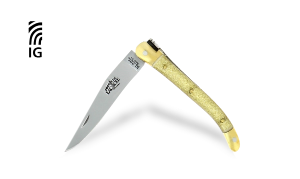 Couteau pliant 9 cm manche pailleté or, mitres laiton