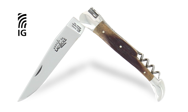 Couteau pliant 12cm avec tire-bouchon en chêne de barrique, mitres inox finition brillante