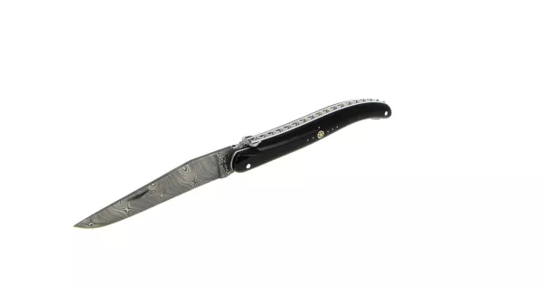 Custom folding knife with black horn handle, twisted-pattern spring, and bull head