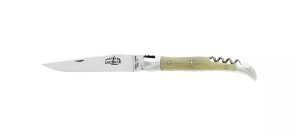 Couteau pliant avec tire-bouchon ciselé main brillant en corne claire, double platines