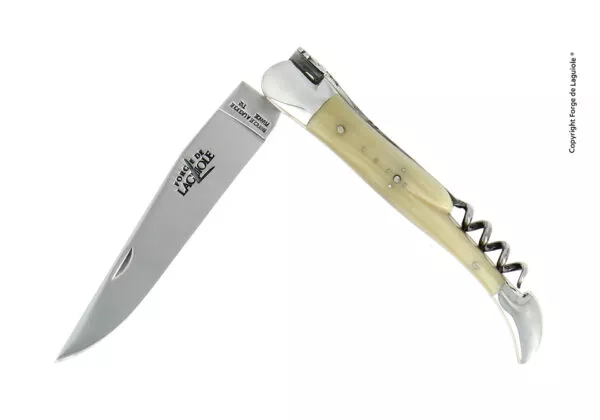 Couteau pliant avec tire-bouchon en corne claire, mitres inox finition brillante