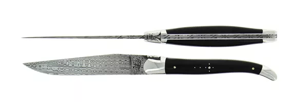 Couteaux de table ciselé main en corne foncée avec lame damas, coffret de 2