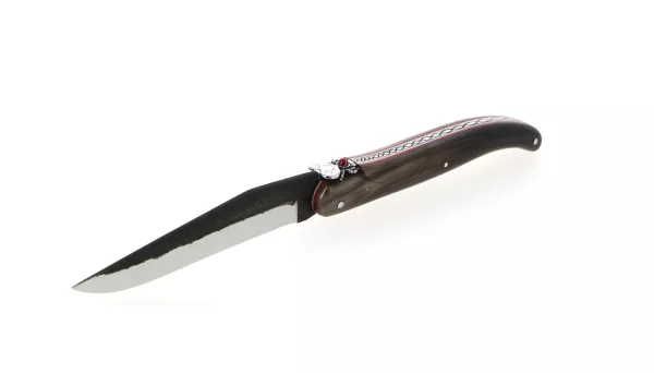 Custom folding knife in dark horn, Valentine’s Day theme