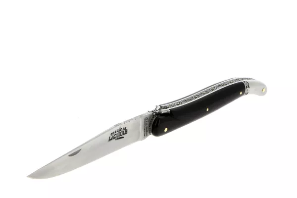 Custom folding knife with ebony handle and floral-patterned bee