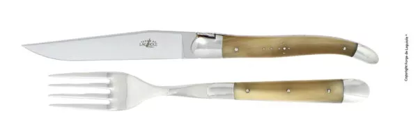 Tafelmesser und Gabel, Finish glänzend  mit Griff aus hellem horn